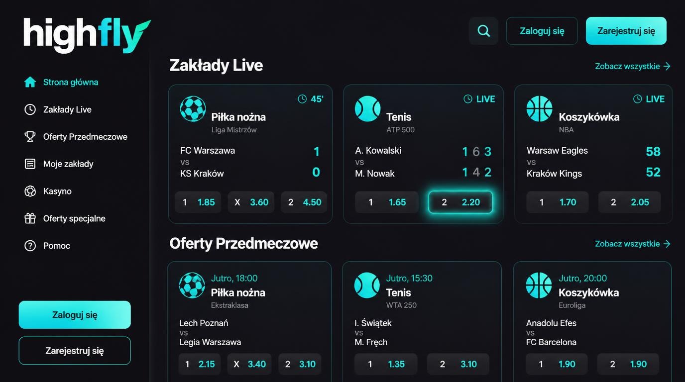 Ekran oferty z zakładami sportowymi i sekcją live