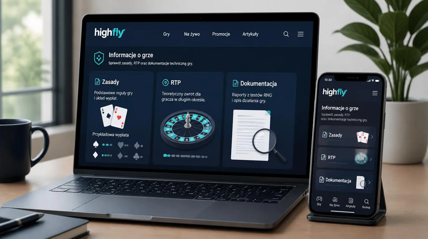 Panel informacji o grze kasynowej z zasadami, parametrami RTP i dokumentacją testów RNG