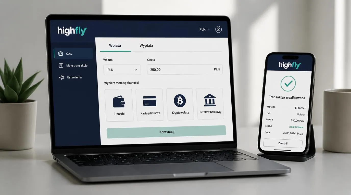 Panel kasy z portfelem elektronicznym, kartą, Bitcoinem i przelewem oraz wyborem waluty PLN
