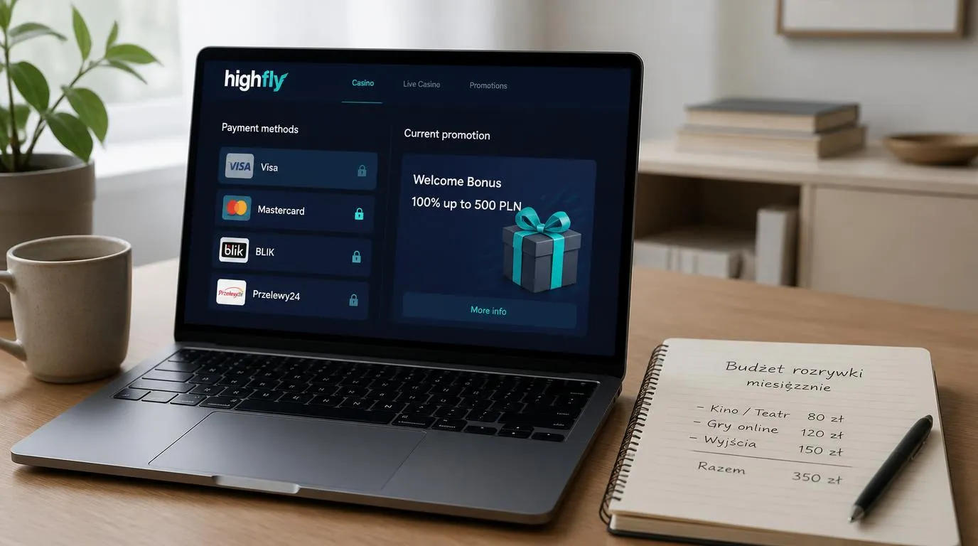 Laptop z panelem płatności i ofertą bonusową obok notesu z zapisanym budżetem na rozrywkę